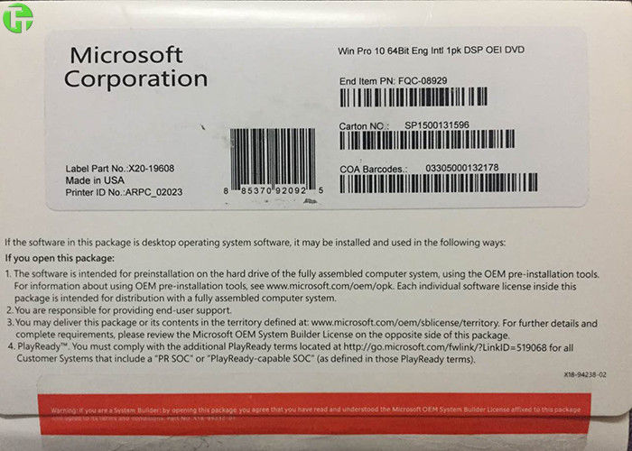 Win 10 Pro COA License Sticker , Windows 10  Pro Pack 32 Bit / 64 Bit OEM Retail Box